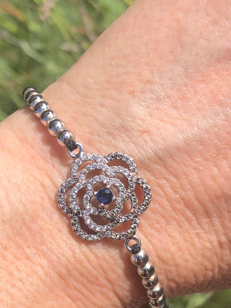 Beautiful Rose sterling silver beaded bracelet Pull string to tighten Gemstone / cz? Victorian art deco look Well made 925