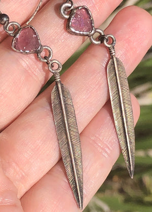 Vintage Native American feather pink feldspar? Crystal earrings sterling silver