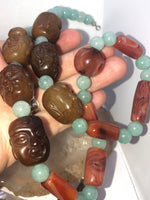 Vintage Necklace with Antique Hand-Carved Nephrite Jade Head Beads, Carnelian & Quartzite – 21 Inch Statement Jewelry