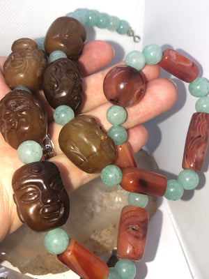 Vintage Necklace with Antique Hand-Carved Nephrite Jade Head Beads, Carnelian & Quartzite – 21 Inch Statement Jewelry