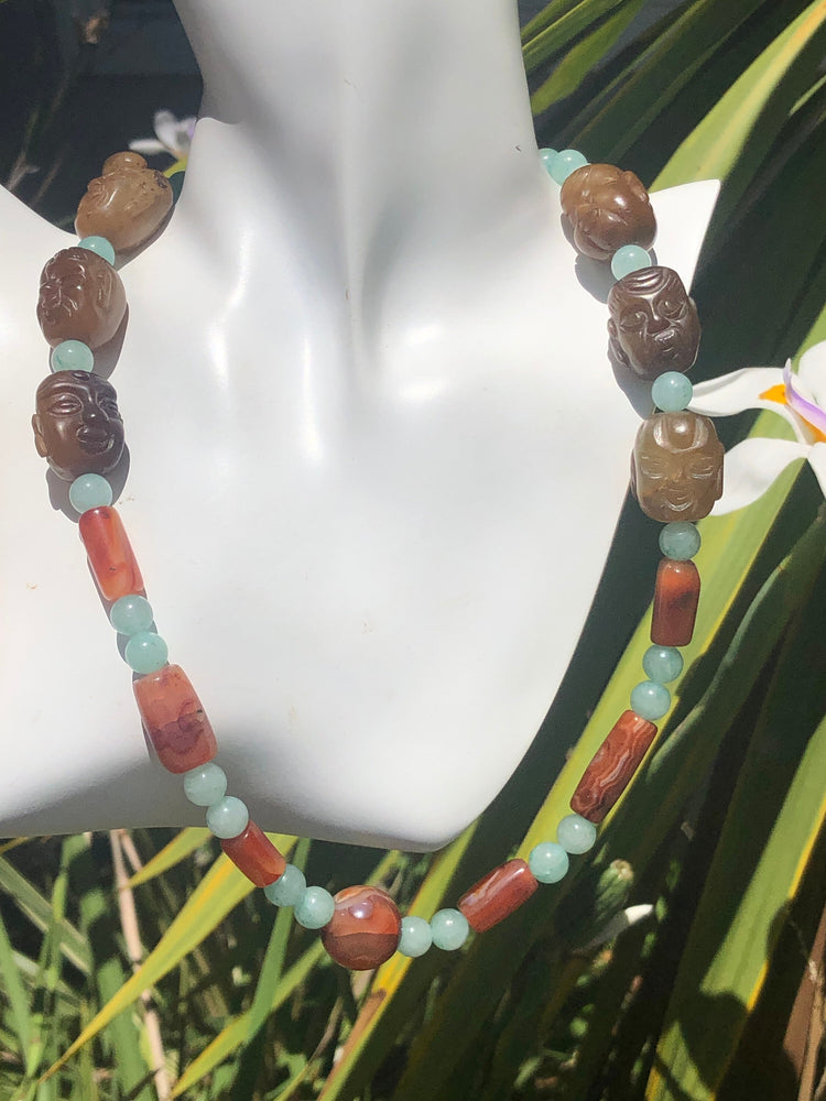 Vintage Necklace with Antique Hand-Carved Nephrite Jade Head Beads, Carnelian & Quartzite – 21 Inch Statement Jewelry