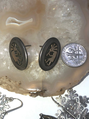Vintage Joe Willeto Native American Indian Kokopelli earrings sterling silver and 14 karat yellow gold push back southwestern Spirit dancer