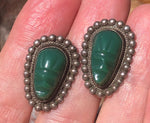 Vintage Antique Green Onyx  Gemstone Mask Earrings Mexico Mayan Aztec Screw back Sterling Silver 925