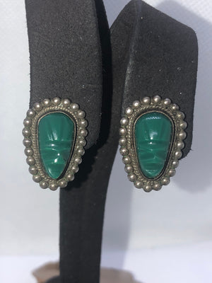 Vintage Antique Green Onyx  Gemstone Mask Earrings Mexico Mayan Aztec Screw back Sterling Silver 925