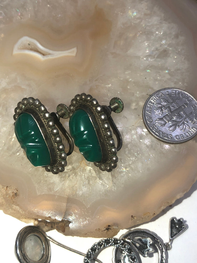 Vintage Antique Green Onyx  Gemstone Mask Earrings Mexico Mayan Aztec Screw back Sterling Silver 925