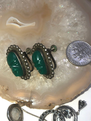 Vintage Antique Green Onyx  Gemstone Mask Earrings Mexico Mayan Aztec Screw back Sterling Silver 925