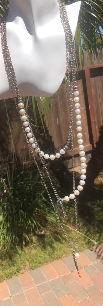 Beautiful Genuine pearl three strand necklace by Sea Madar Eliasaf designer long!! 26 inch and longer