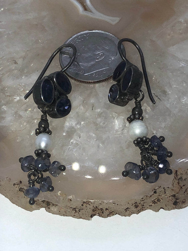 Vintage earrings iolite pearl gemstone sterling silver 925 India