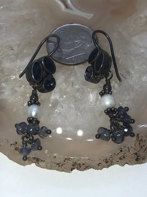 Vintage earrings iolite pearl gemstone sterling silver 925 India