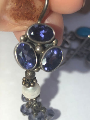 Vintage earrings iolite pearl gemstone sterling silver 925 India