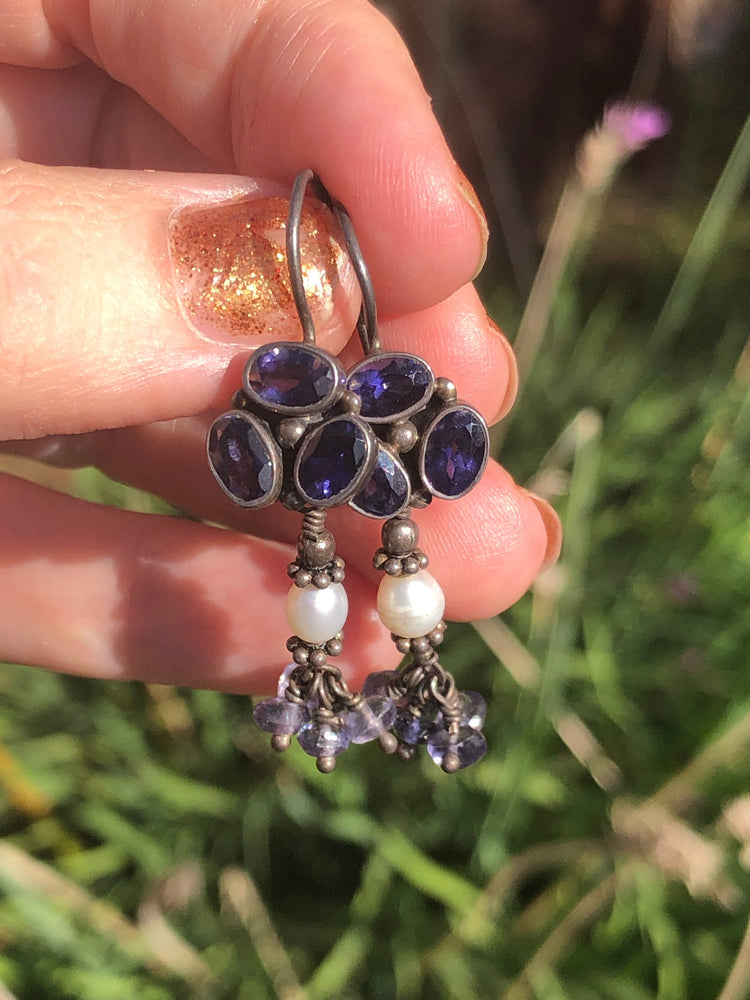 Vintage earrings iolite pearl gemstone sterling silver 925 India