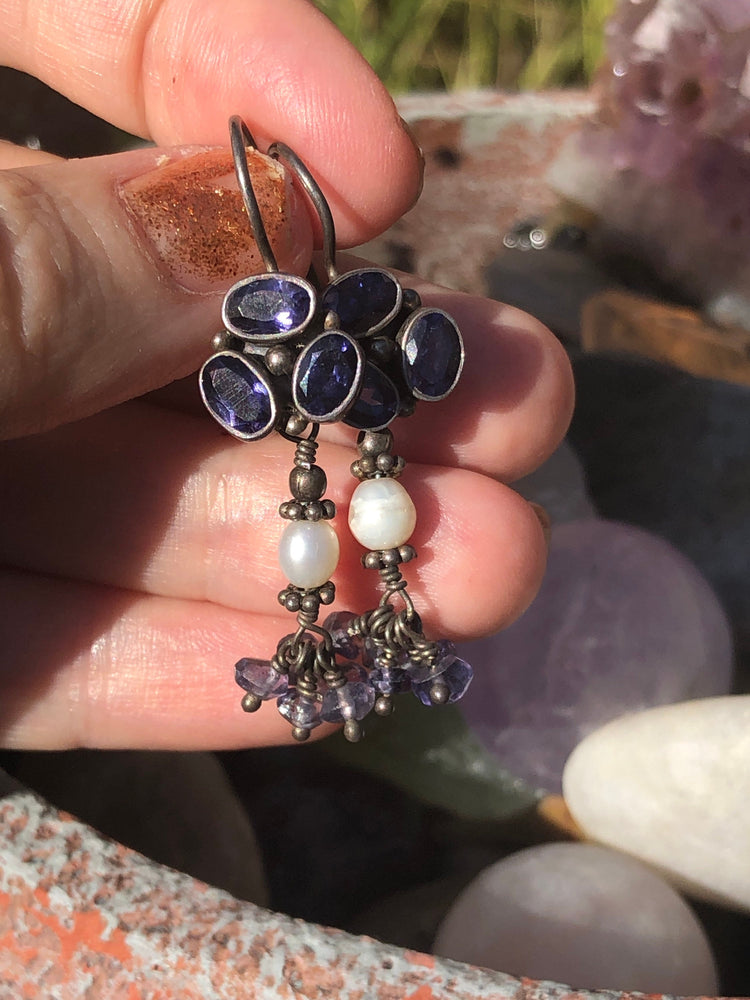 Vintage earrings iolite pearl gemstone sterling silver 925 India