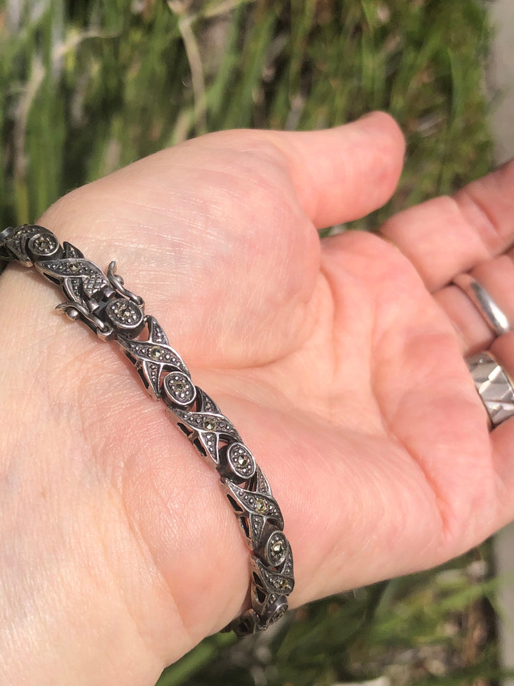 Vintage antique Sterling silver marcasite link bracelet 925 Art Deco Tennis bracelet style xoxo