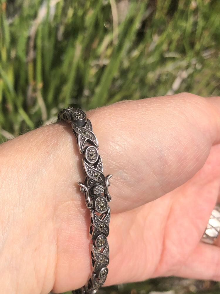 Vintage antique Sterling silver marcasite link bracelet 925 Art Deco Tennis bracelet style xoxo