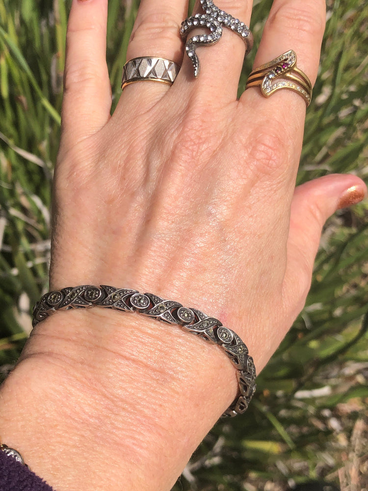 Vintage antique Sterling silver marcasite link bracelet 925 Art Deco Tennis bracelet style xoxo