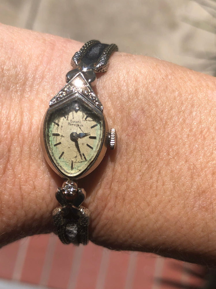 Antique vintage Girard Perregaux Designer 14 karat white gold ladies wristwatch six genuine diamonds 14k kt Art Deco runs well