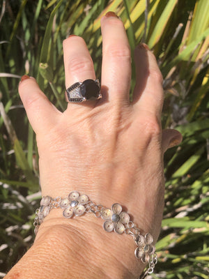 Beautiful black onyx and natural white zircon gemstone ring SG925 Sterling silver Statement ring Size 6