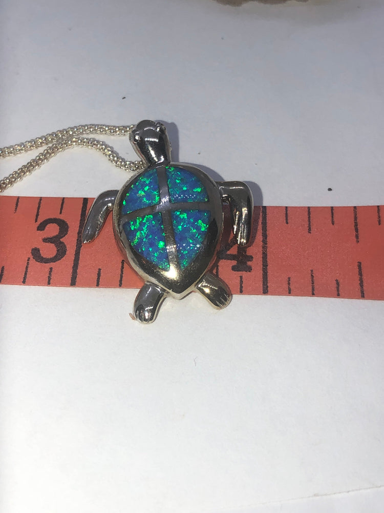 Beautiful Crushed blue opal inlaid sterling silver turtle pendant  925 nice long sterling silver Bismark ? chain 18 inch  necklace sea ocean