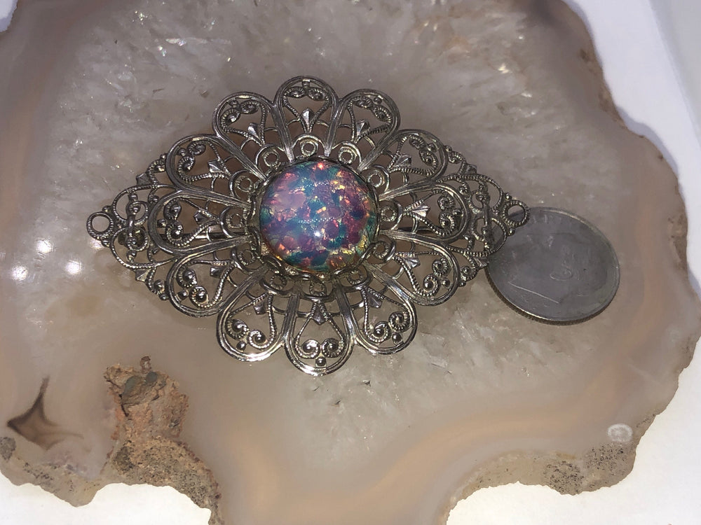 Vintage Miriam Haskell dragons breath glass Silvertone designer brooch Foil art glass