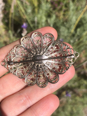 Vintage Miriam Haskell dragons breath glass Silvertone designer brooch Foil art glass