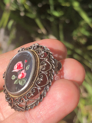Antique Victorian Edwardian floral filigree  800 silver Germany Brooch and pendant for necklace 14kt trim hand painted painting