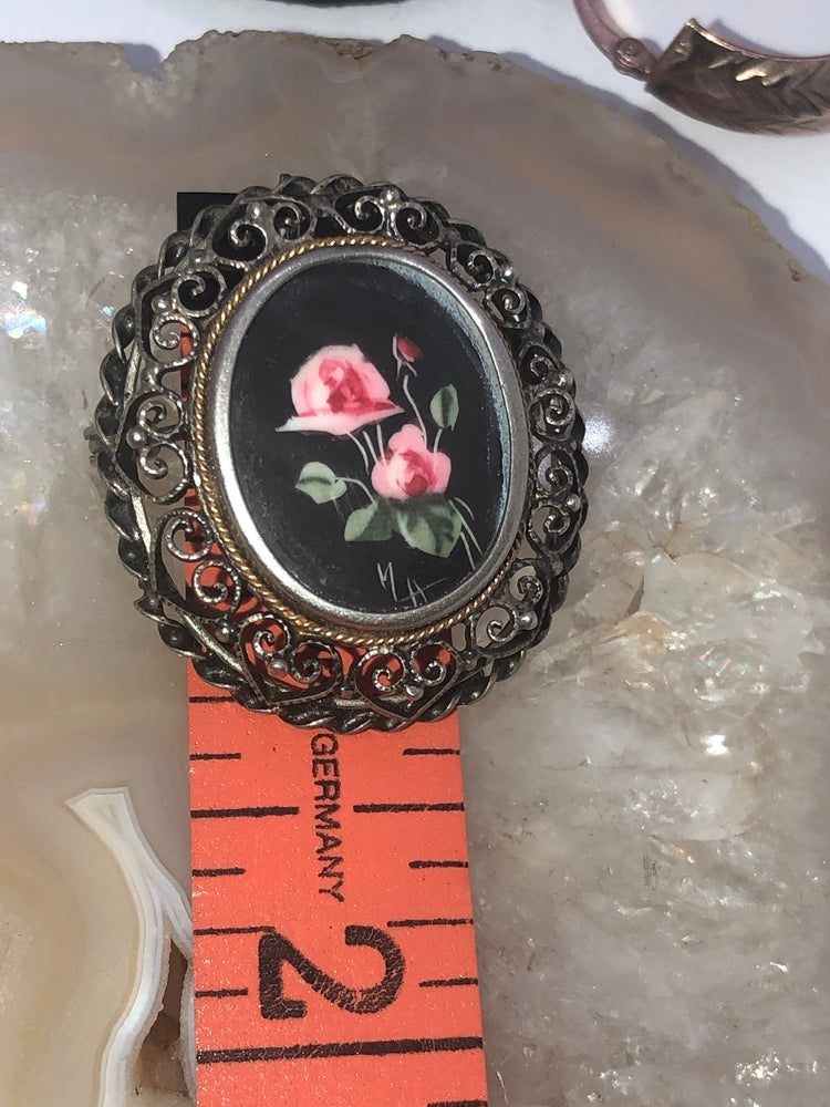 Antique Victorian Edwardian floral filigree  800 silver Germany Brooch and pendant for necklace 14kt trim hand painted painting