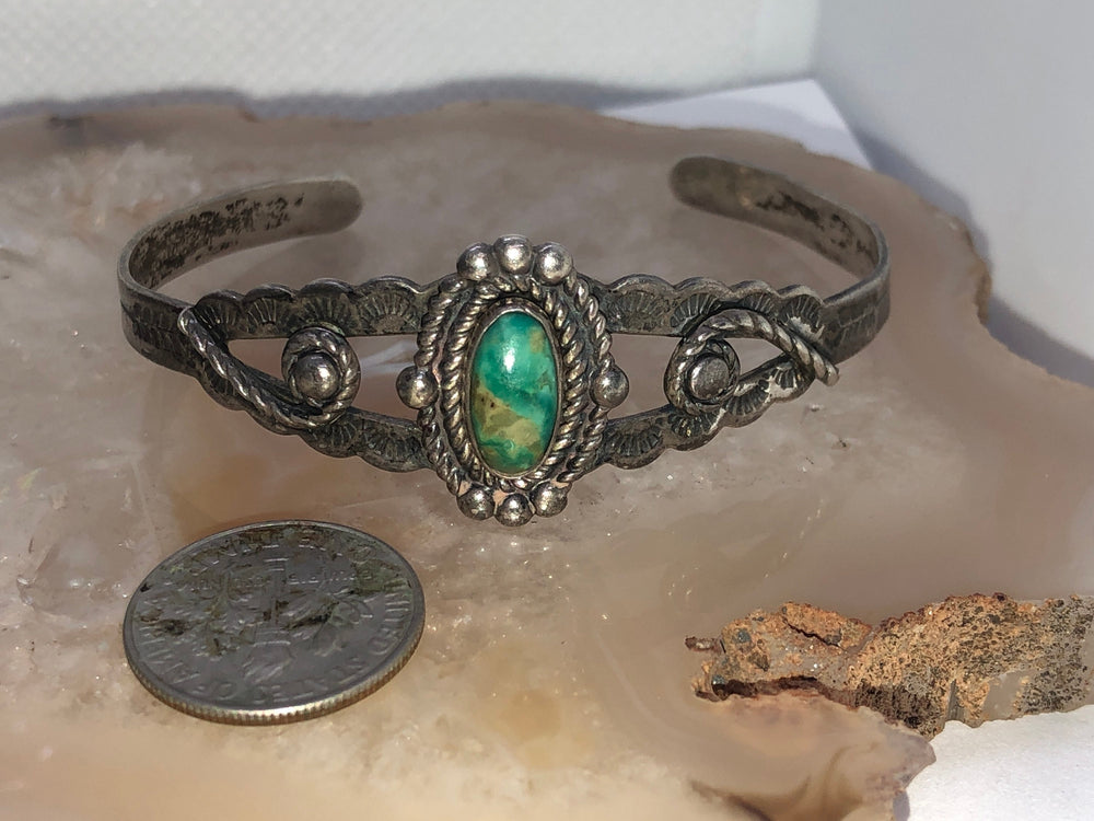 Vintage Fred Harvey era Sterling silver green turquoise bracelet Native American Indian Southwestern Bell trading Post