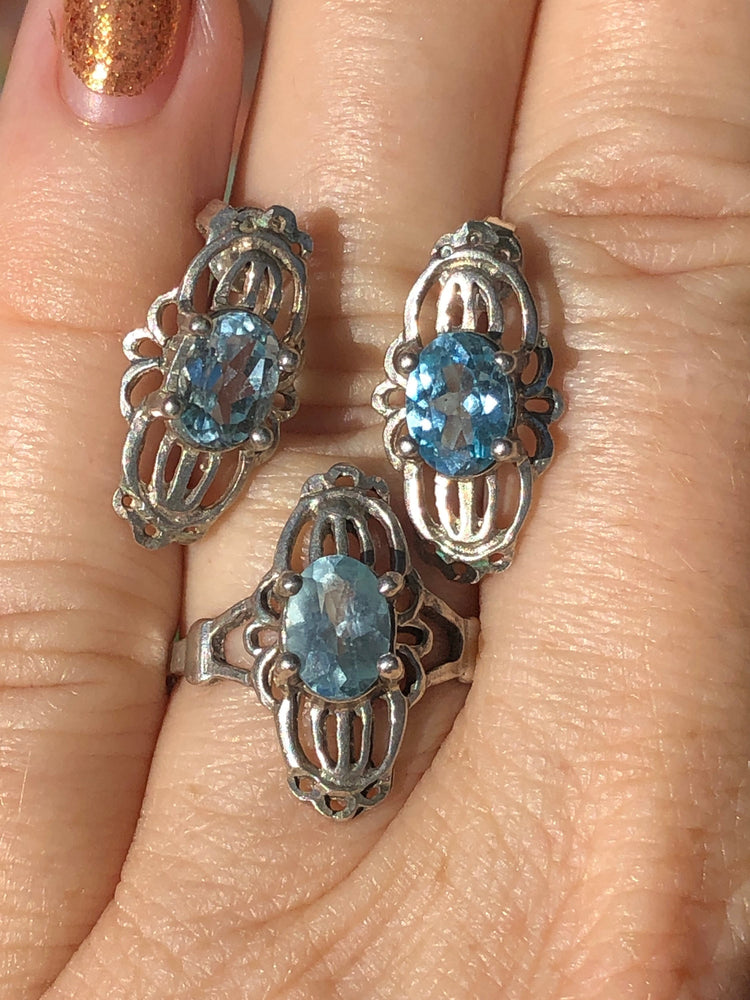 Vintage Blue topaz gemstone sterling silver ring and earrings set Art deco style 925 Size  6 +
