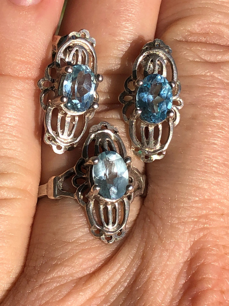Vintage Blue topaz gemstone sterling silver ring and earrings set Art deco style 925 Size  6 +