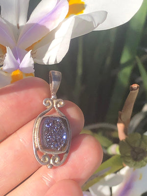 Vintage druzy quartz purple / black crystal sterling silver 925 Sajen pendant 4 necklace