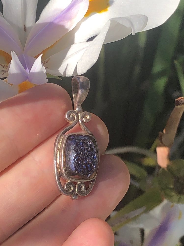 Vintage druzy quartz purple / black crystal sterling silver 925 Sajen pendant 4 necklace