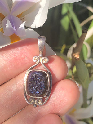 Vintage druzy quartz purple / black crystal sterling silver 925 Sajen pendant 4 necklace
