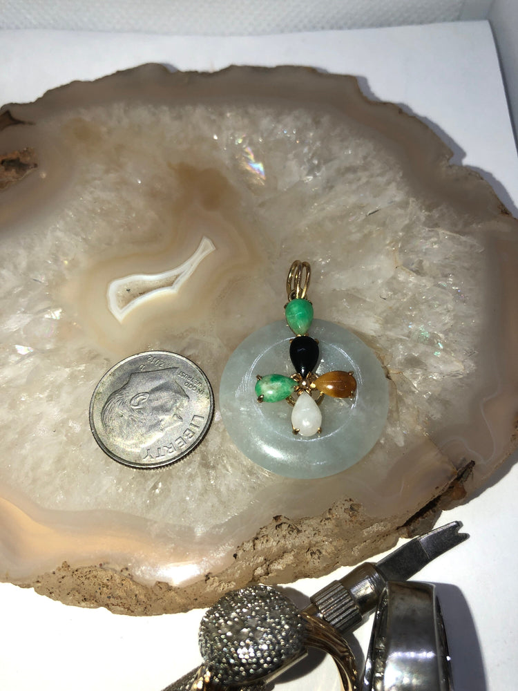 Gorgeous jadeite All Natural pendant 4 necklace green brown- red black white blue multi color 585 14kt karat yellow gold Chinese