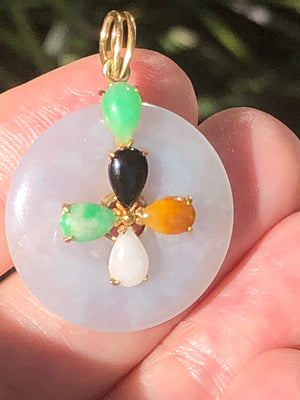 Gorgeous jadeite All Natural pendant 4 necklace green brown- red black white blue multi color 585 14kt karat yellow gold Chinese
