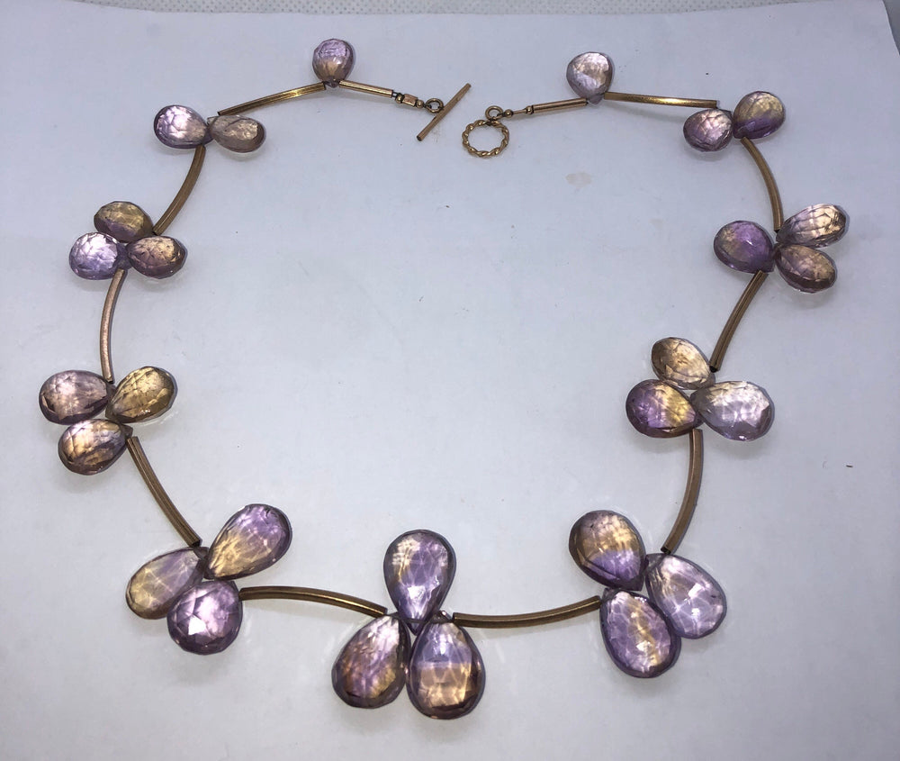 Vintage ametrine teardrop gemstone necklace/choker Sterling silver gold Vermeil faceted pear shaped cross of amethyst & citrine