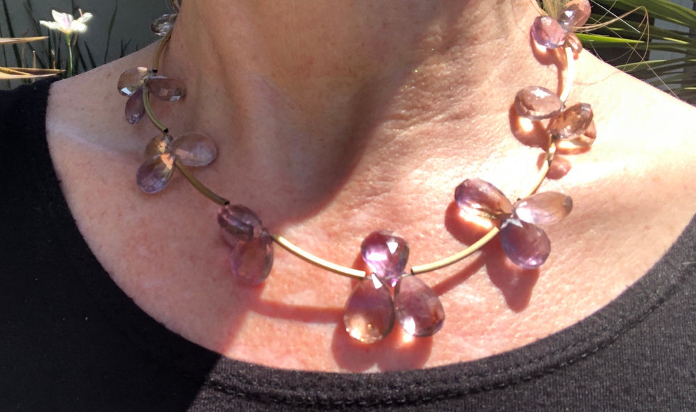 Vintage ametrine teardrop gemstone necklace/choker Sterling silver gold Vermeil faceted pear shaped cross of amethyst & citrine