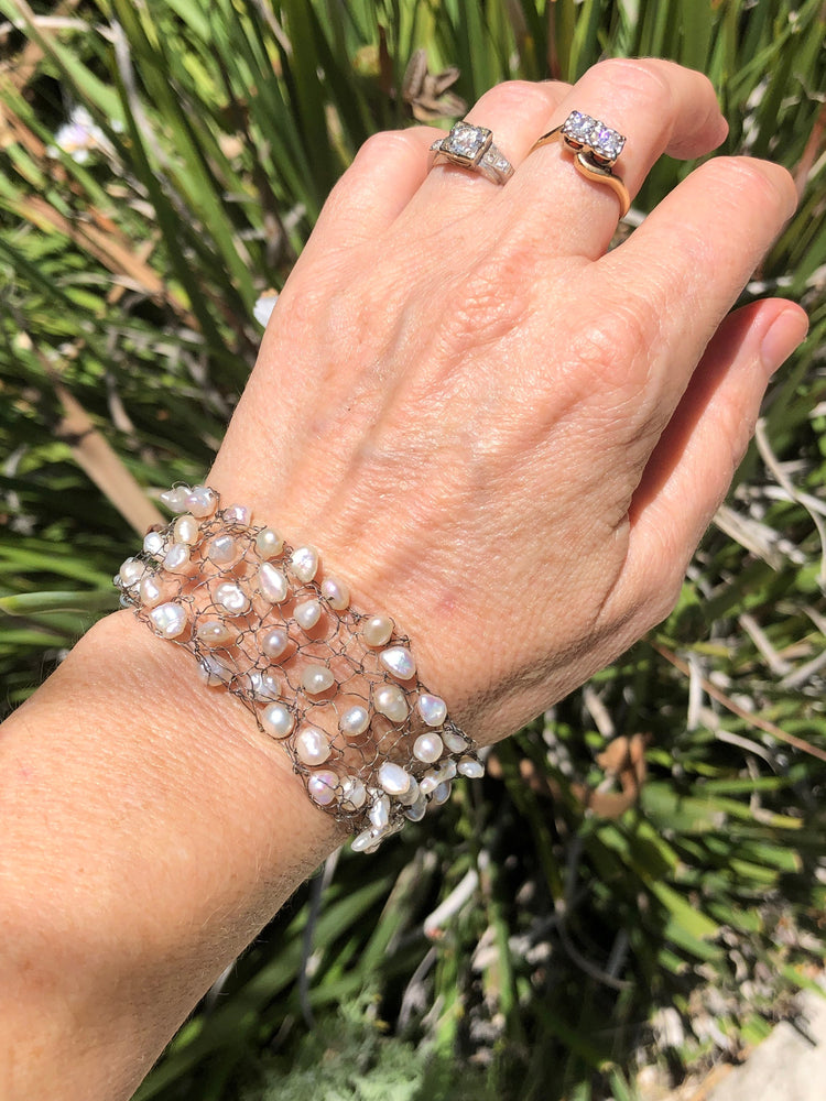 Vintage white freshwater pearls sterling silver mesh woven bracelet wide