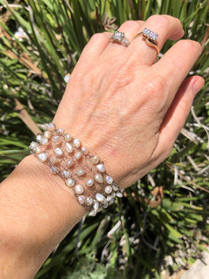 Vintage white freshwater pearls sterling silver mesh woven bracelet wide