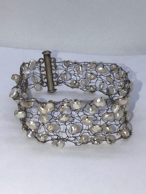 Vintage white freshwater pearls sterling silver mesh woven bracelet wide