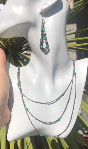 Vintage liquid sterling silver turquoise beads multi strand necklace and earrings Native American Indian Southwestern
