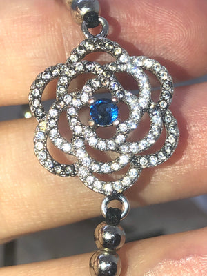 Beautiful Rose sterling silver beaded bracelet Pull string to tighten Gemstone / cz? Victorian art deco look Well made 925