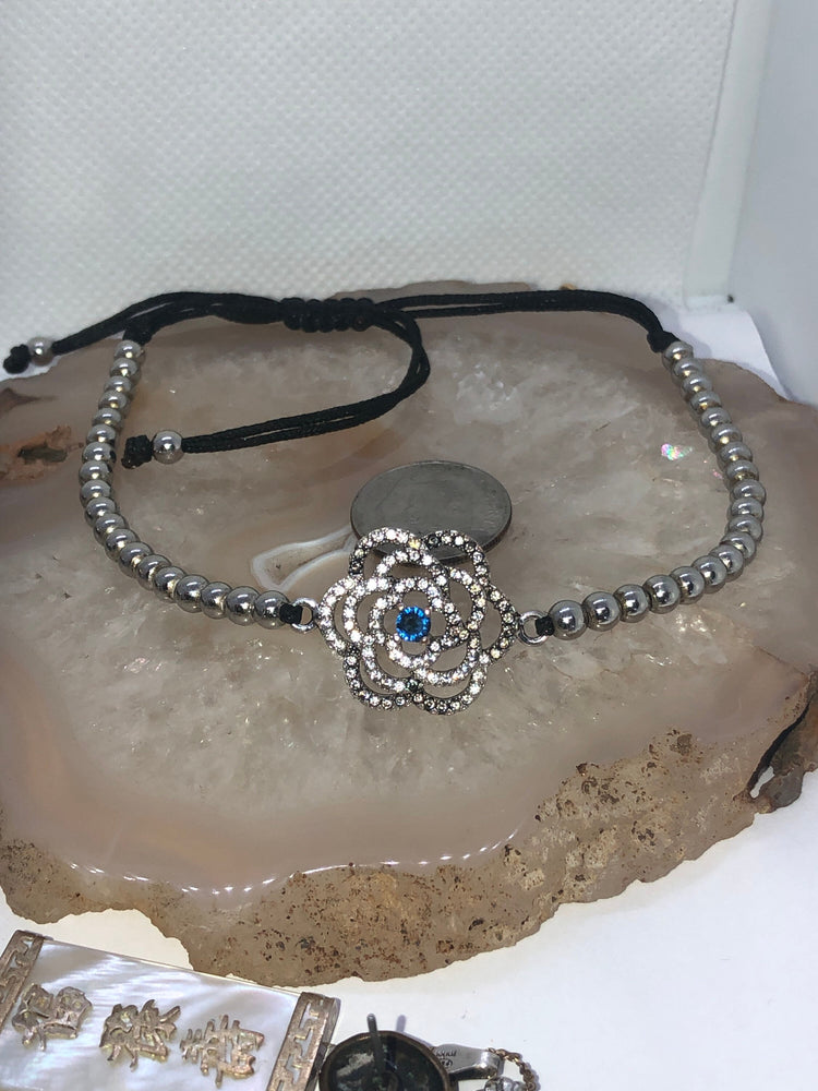 Beautiful Rose sterling silver beaded bracelet Pull string to tighten Gemstone / cz? Victorian art deco look Well made 925
