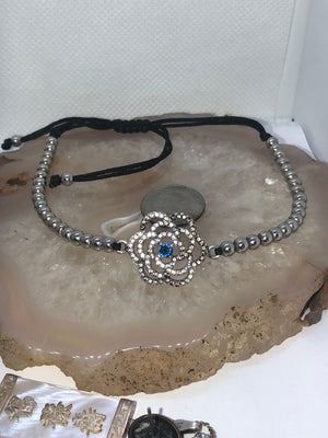Beautiful Rose sterling silver beaded bracelet Pull string to tighten Gemstone / cz? Victorian art deco look Well made 925