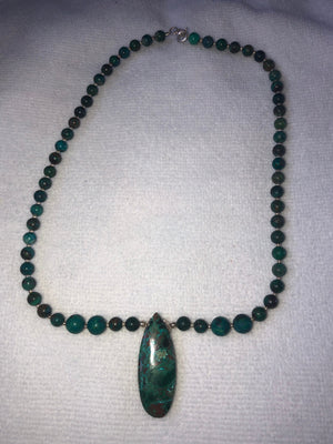 Vintage green Chrysocolla Beaded necklace/pendant 18.75 inches long sterling silver beads and clasp Southwestern