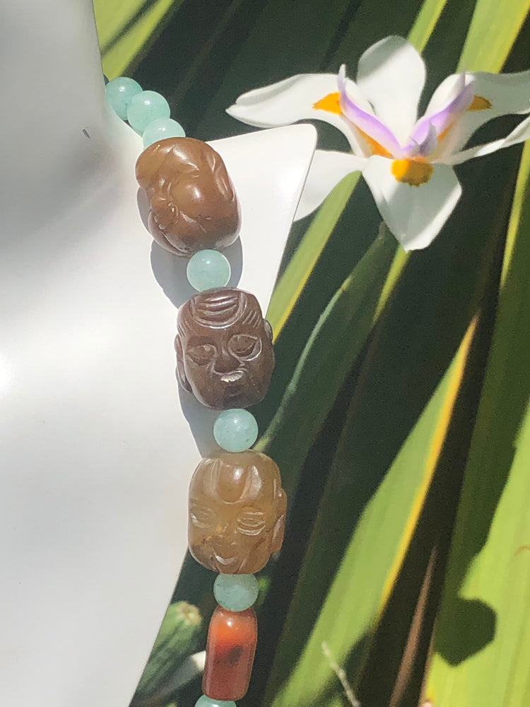 Vintage Necklace with Antique Hand-Carved Nephrite Jade Head Beads, Carnelian & Quartzite – 21 Inch Statement Jewelry