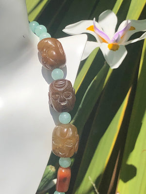Vintage Necklace with Antique Hand-Carved Nephrite Jade Head Beads, Carnelian & Quartzite – 21 Inch Statement Jewelry