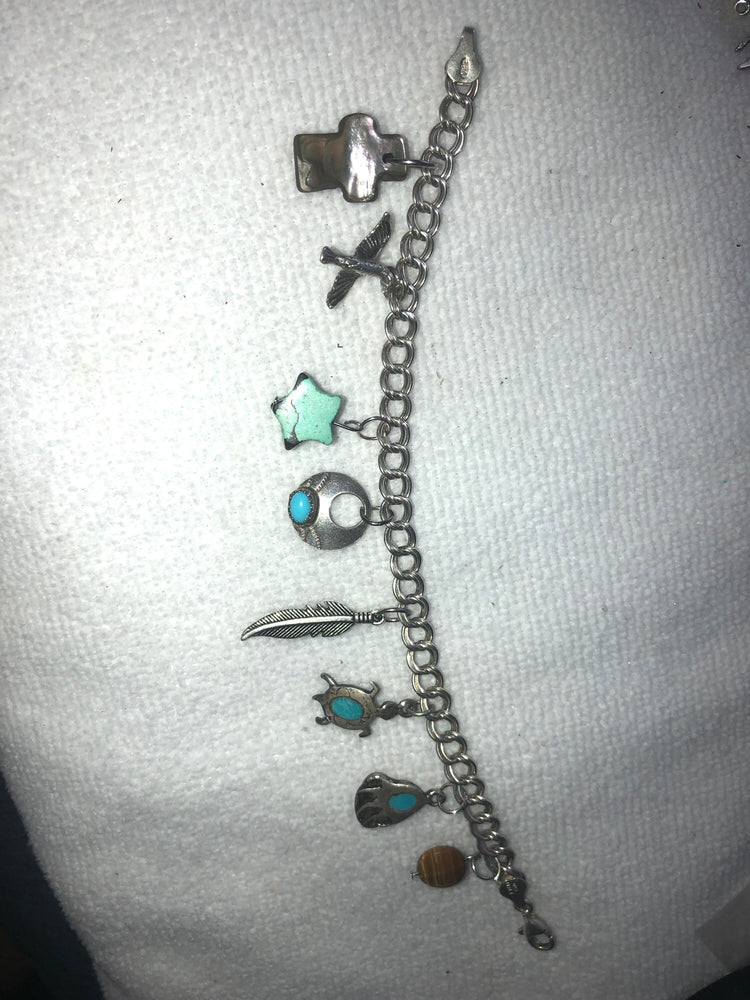 Vintage Native American Indian charm bracelet sterling silver turquoise gemstone southwestern