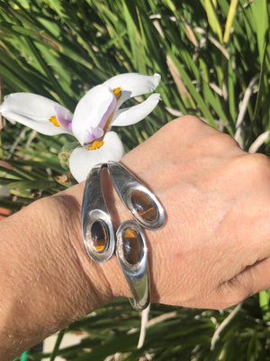 Stunning vintage antique Taxco modernist cuff bracelet sterling silver 925 Mexico signed Tigerseye gemstone agate