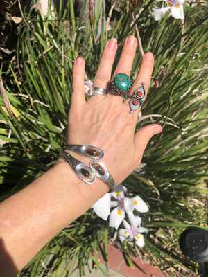 Stunning vintage antique Taxco modernist cuff bracelet sterling silver 925 Mexico signed Tigerseye gemstone agate
