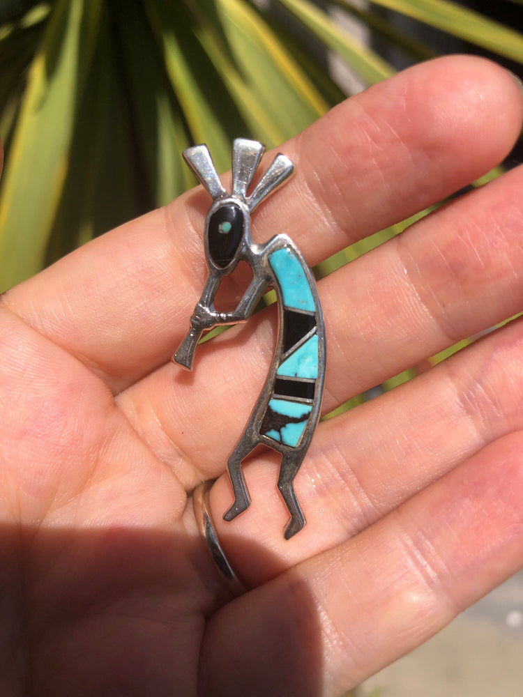 Vintage Native American Indian turquoise black onyx inlaid pendant 4 necklace Kokopelli sterling silver spirit dancer